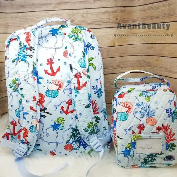 Vera Bradley Large Essential Backpack Anchors Aweigh Lunch Bunch Set Cotton Blue - Picture 14 of 16